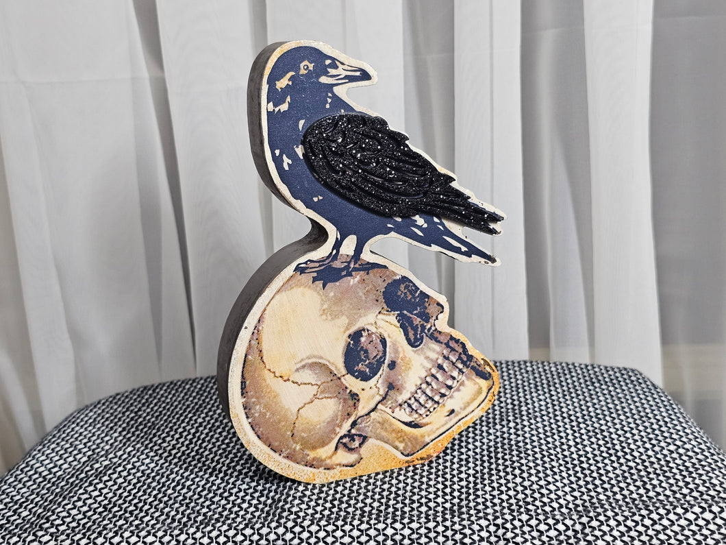 Wooden Skull and Raven Decor