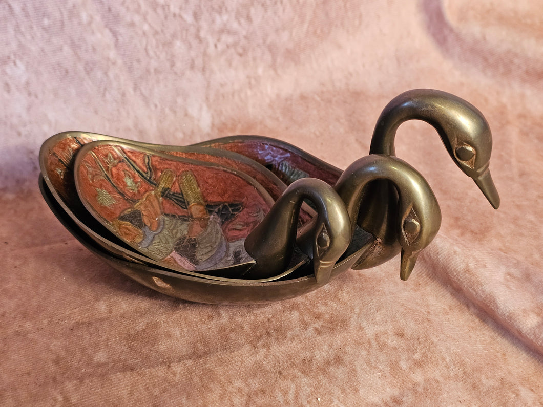 Vintage Andrea by Sadek Nesting Brass Swans with Ornate Depiction of Birds