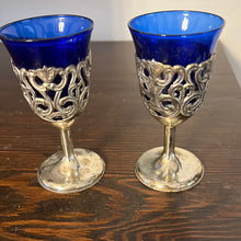 Load image into Gallery viewer, Cobalt blue and silver cordial glasses
