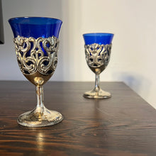 Load image into Gallery viewer, Cobalt blue and silver cordial glasses
