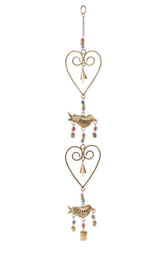 Metal heart and bird wind chime with beads. Gold color