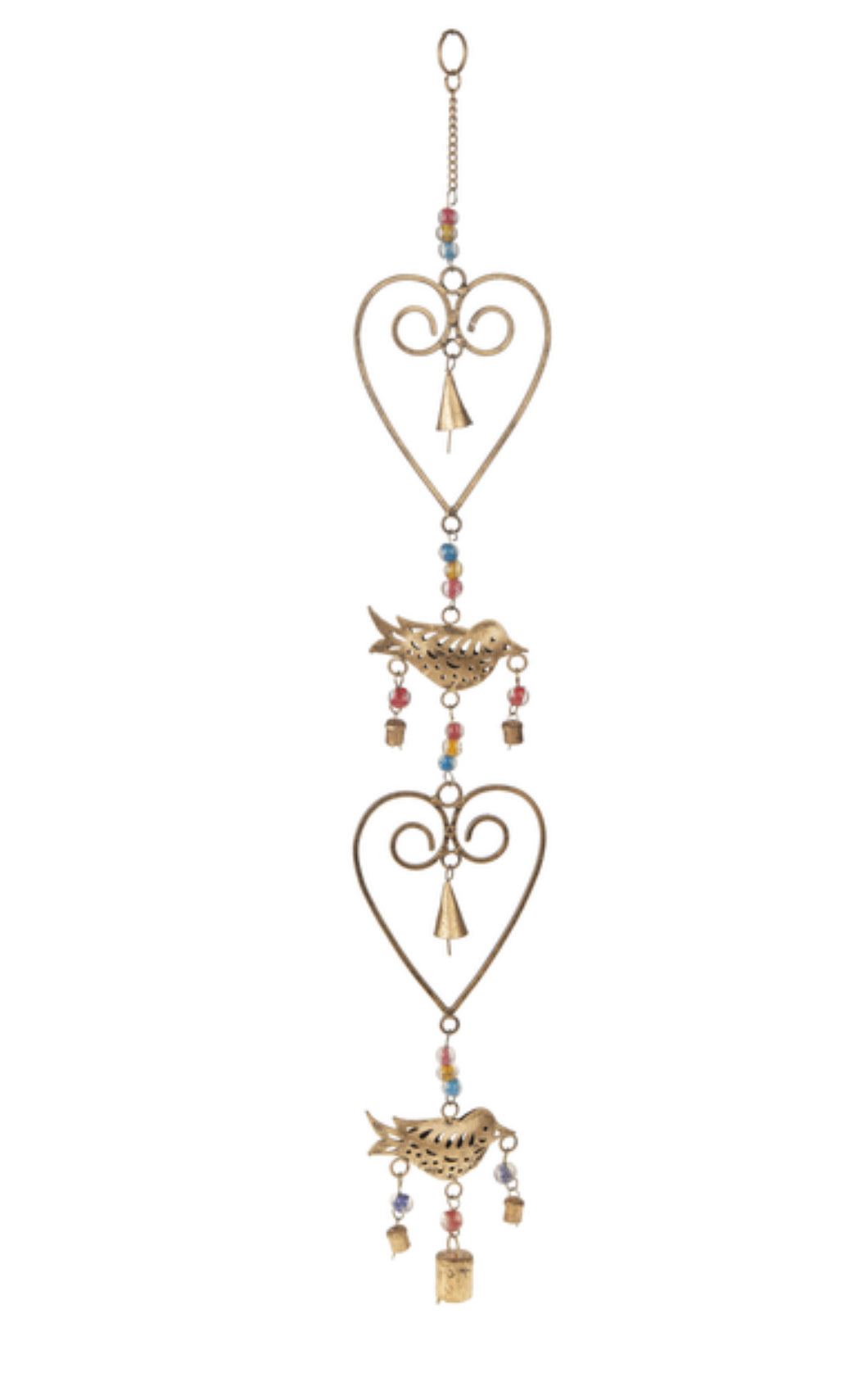 Metal heart and bird wind chime with beads. Gold color