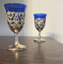 Load image into Gallery viewer, Cobalt blue and silver cordial glasses
