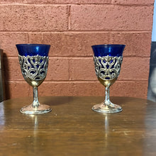 Load image into Gallery viewer, Cobalt blue and silver cordial glasses
